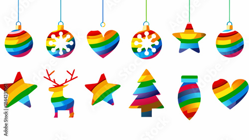 Colorful christmas ornaments and festive symbols hanging and displayed beautifully
