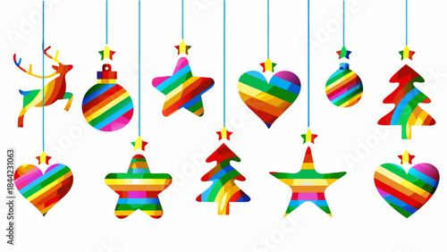 Colorful hanging christmas ornaments depicting stars hearts trees and reindeer
