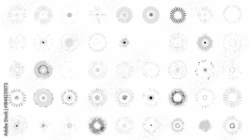 Abstract arrangement of circular starburst and floral like designs in grayscale