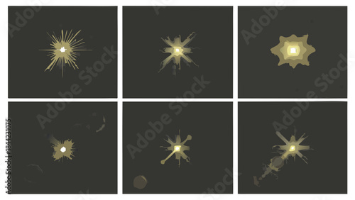 A series of six images depicting bright star like light flares on dark backgrounds