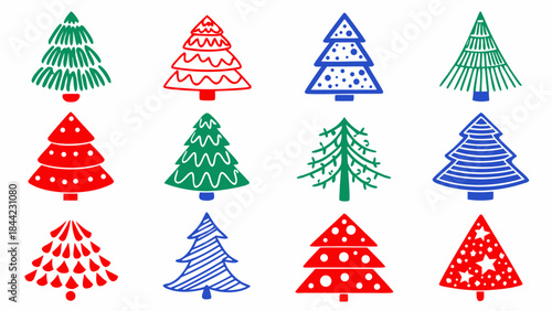 A collection of colorful and uniquely styled christmas tree illustrations