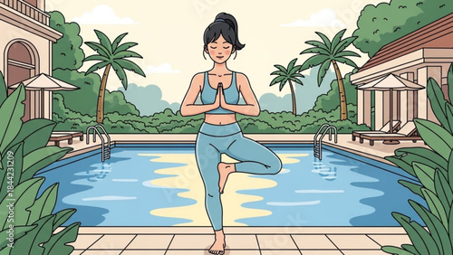 Woman practicing yoga tree pose by swimming pool serene outdoor resort setting healthy lifestyle and wellness concept