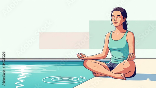 Woman meditating in lotus pose by a pool practicing mindfulness and relaxation calm and serene illustration for wellness