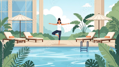 Woman practicing yoga tree pose by a resort swimming pool serene wellness and relaxation concept flat vector illustration