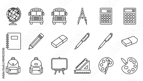 Collection of black outline icons representing school supplies and educational tools