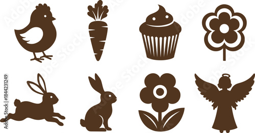 Easter and spring silhouette icon set with bunny, chicken, carrot, cupcake and angel, brown vector collection for holiday, baking and seasonal design