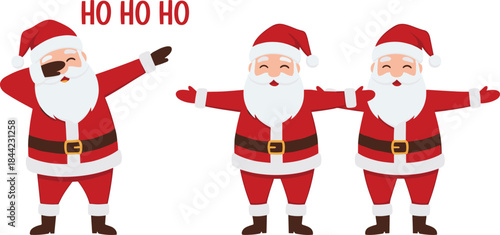 Cute Santa Claus character illustration set with different poses and ho ho ho text, cheerful cartoon vector for Christmas greeting cards and holiday design