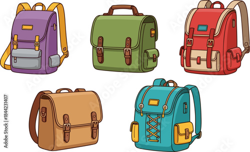 Colorful school backpack and satchel illustration set with modern bags, detailed vector collection for education, travel, students and accessories design projects