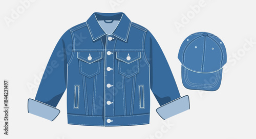 A blue denim jacket and baseball cap are depicted against a neutral backdrop