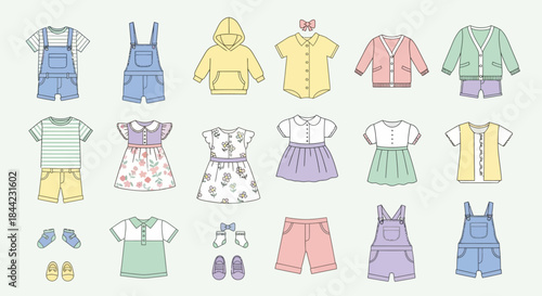 A flat lay showcases illustrated baby clothing in various styles and pastel colors against a light background