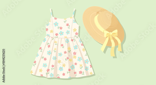 A floralpatterned sundress and straw sunhat on a light green background