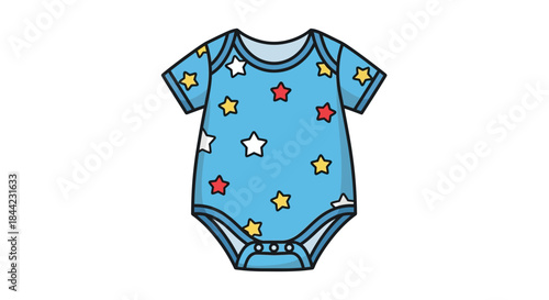 A light blue baby onesie with scattered red yellow  white star patterns black outline