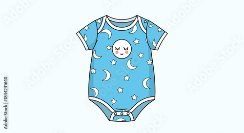 A light blue baby onesie with moons and stars featuring a cute sleeping moon face