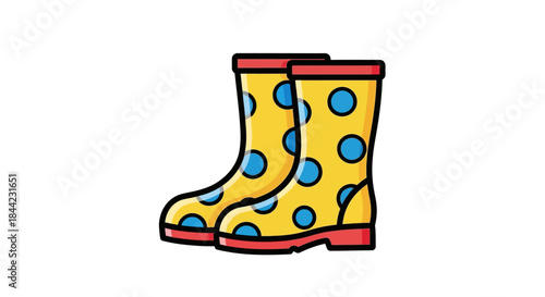 A pair of yellow polkadotted boots with red trim positioned sidebyside on a white background