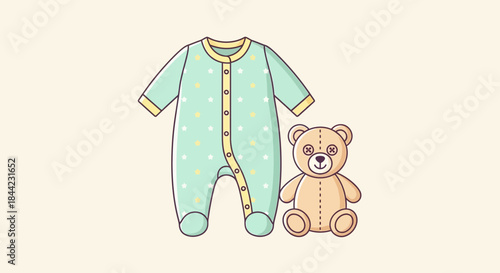 A onesie with small stars and a tan teddy bear are beside each other on a light tan background