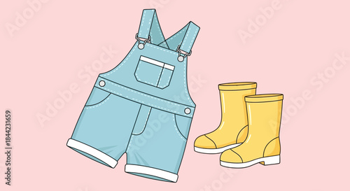 A pair of yellow rubber boots and blue denim overalls are pictured against a solid pink backdrop