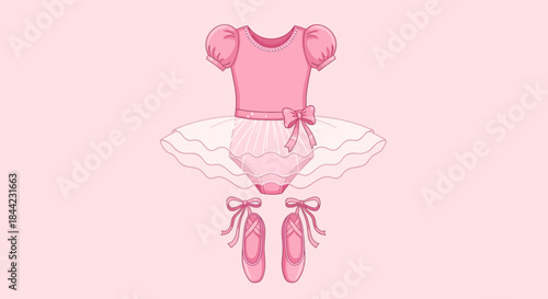 A pink ballet outfit with leotard tutu and pointe shoes on a pale pink background