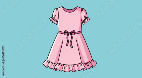 A pink dress with a bow and ruffles on a light blue background