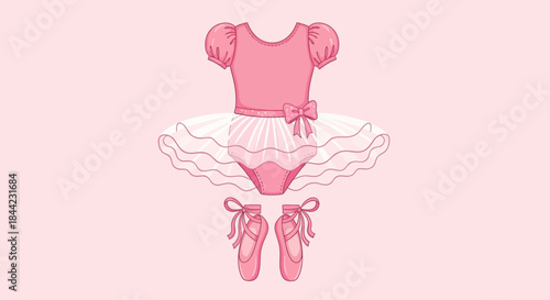 A pink leotard with a white tutu and pink ballet shoes on a light pink background