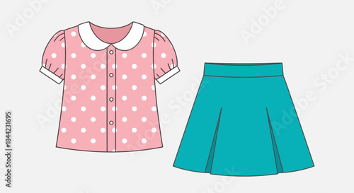 A pink polka dot blouse with a white collar next to a teal pleated skirt
