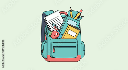 Backpack filled with notebooks pens pencils  a character or toy on a light green background