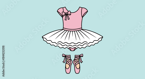 Ballet outfit pink leotard white tutu and pink ballet shoes on blue background