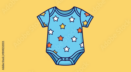 Blue baby onesie with colorful star pattern against a yellow backdrop