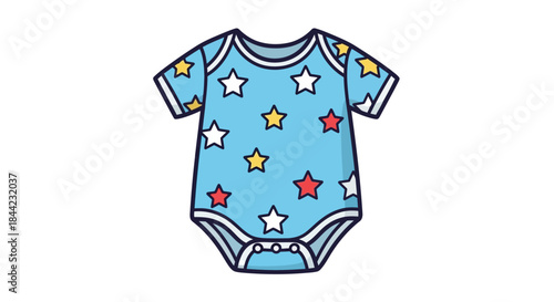 Blue baby onesie with star pattern red yellow  white stars  button snaps at bottom