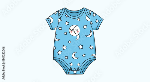 Blue baby onesie with crescent moons stars and a sleeping moon face