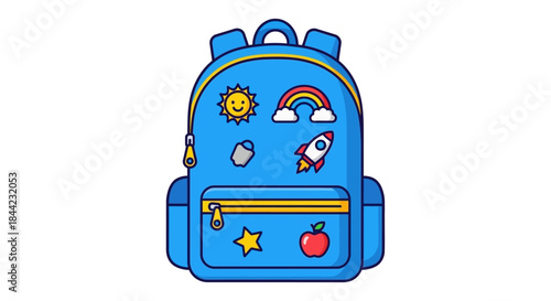 Blue backpack with sun rainbow rocket and other colorful patches on a white background