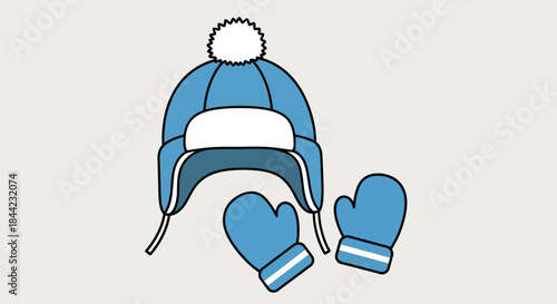 Blue hat with ear flaps  pompom sits next to matching blue mittens with white stripes all outlined in black