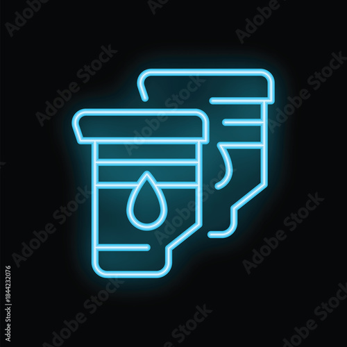 Blue glowing neon icon of two plastic containers for biomaterial analysis with liquid and drop, isolated vector illustration