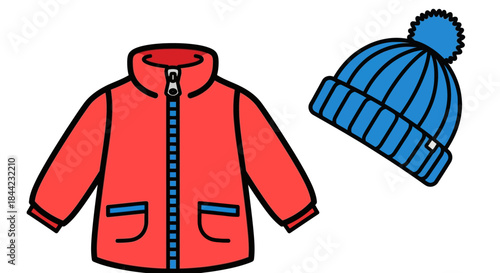 Cartoon of a red jacket and a blue winter hat with a pompom against a white background