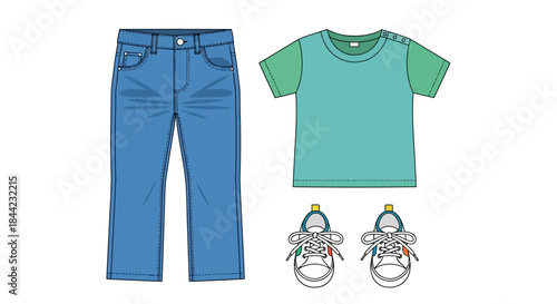 Cartoon of blue jeans a twotone Tshirt and white sneakers with colorful laces