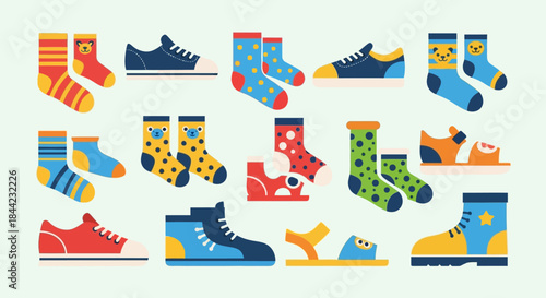 Cartoon shoes  socks varied colors designs Light green background