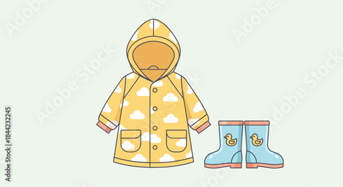 Cartoon yellow raincoat with clouds and blue boots with ducks on a light background