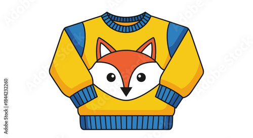 Cartoonstyle sweater with yellow body blue trim and a fox face design