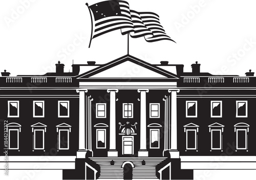 Iconic white house building with american flag waving overhead