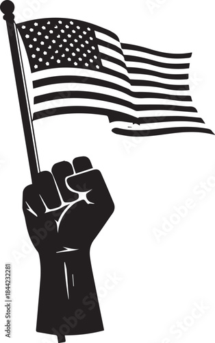 Black fist holding american flag raised in protest or celebration
