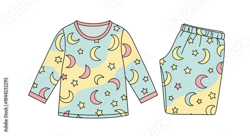 Childs pajama set featuring a pattern of moons and stars on a softcolored background