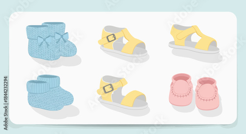 Childs footwear blue knit booties yellow sandals and pink moccasins are arranged on a white background with a light blue border