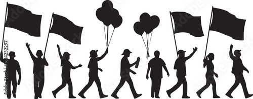 Silhouettes of people holding flags and balloons in a protest or celebration