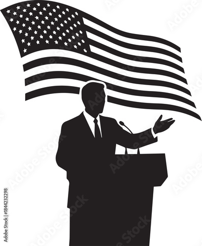 Silhouette of a speaker at a podium with the american flag waving behind