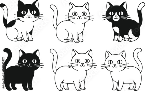 Cute cat outline and silhouette illustration set with playful kitten poses, simple black and white cartoon vector for children, pets and sticker design
