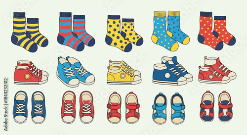 Colorful array of socks sneakers and sandals in varied styles