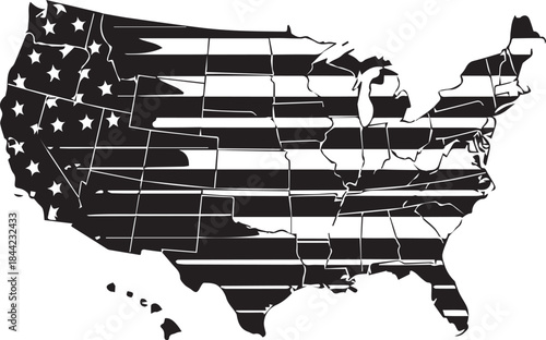 Distressed american flag overlay on united states map silhouette