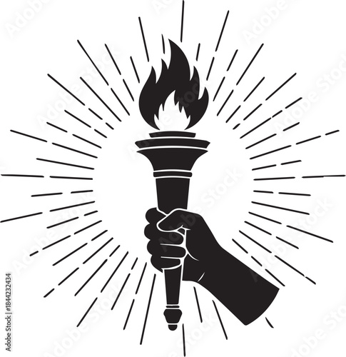 Hand holding flaming torch with sunburst rays symbolizing enlightenment