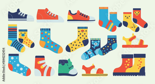 Colorful shoes and socks arranged neatly in a gridlike pattern on a pale backdrop