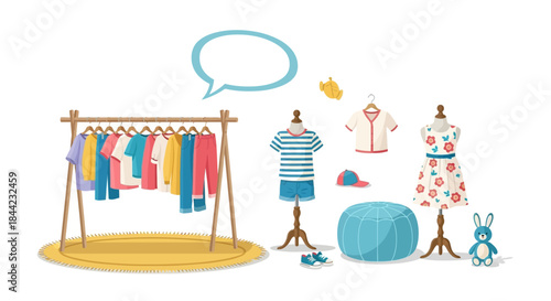 Colorful clothes on rack mannequins and accessories create a playful stylish arrangement