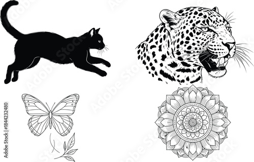 Black and white animal and decorative illustration set with cat silhouette, leopard head, butterfly and mandala, detailed vector collection for tattoo and artistic design